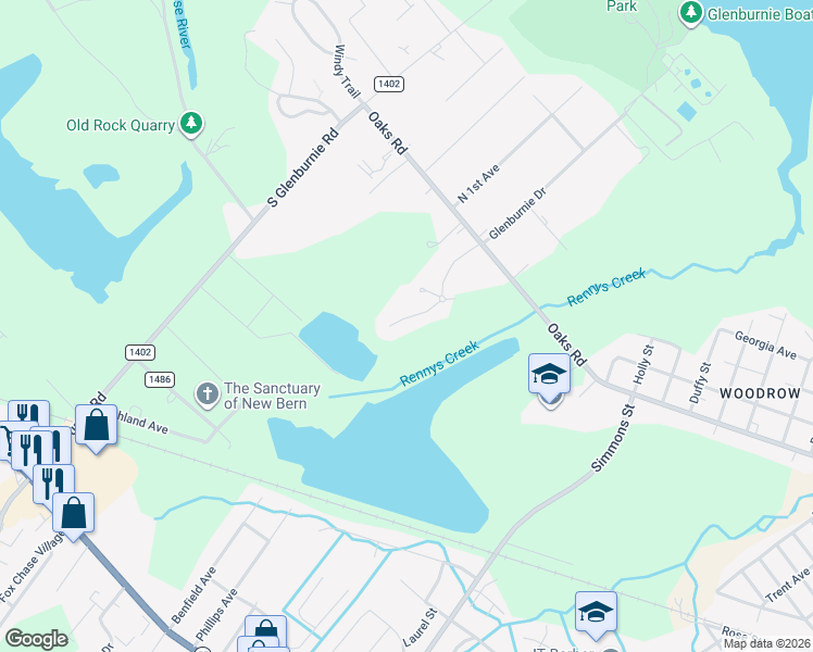 map of restaurants, bars, coffee shops, grocery stores, and more near 219 Trappers Trail in New Bern