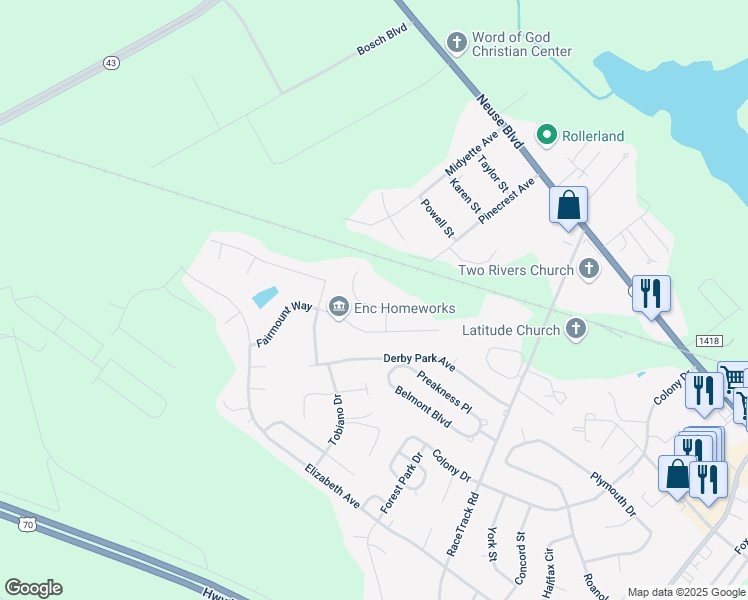 map of restaurants, bars, coffee shops, grocery stores, and more near 202 Church Hill Court in New Bern