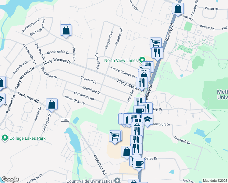map of restaurants, bars, coffee shops, grocery stores, and more near 235 Concord Drive in Fayetteville