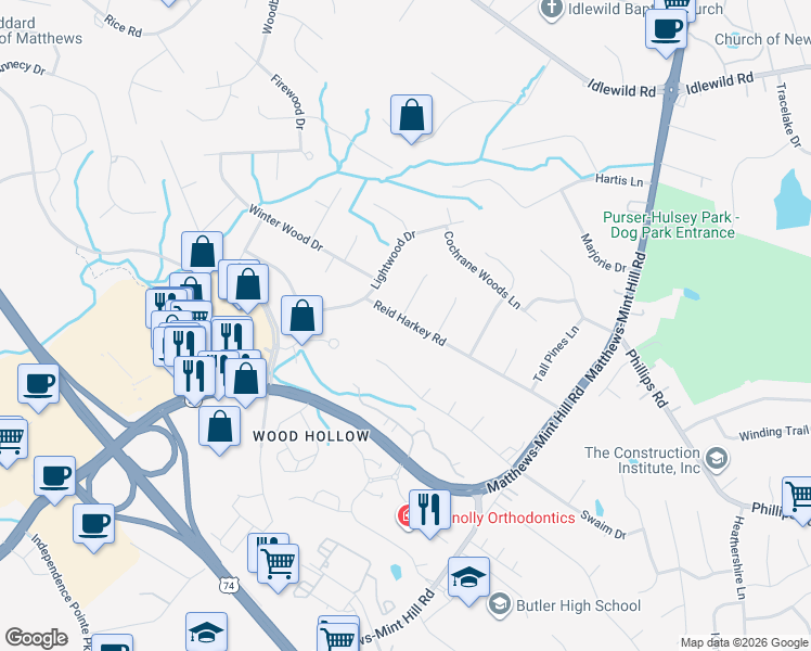 map of restaurants, bars, coffee shops, grocery stores, and more near 1200 Reid Harkey Road in Matthews