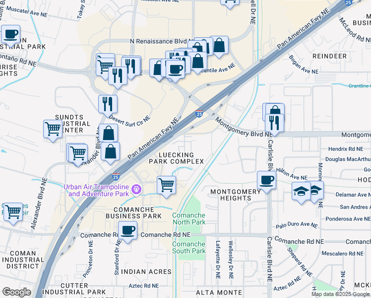 map of restaurants, bars, coffee shops, grocery stores, and more near 4328 Pan American Northeast in Albuquerque