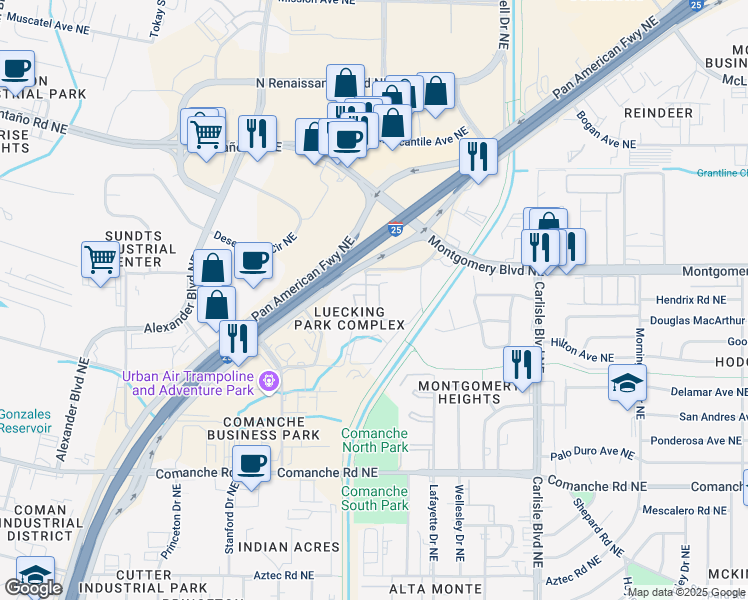 map of restaurants, bars, coffee shops, grocery stores, and more near 4328 Pan American Northeast in Albuquerque