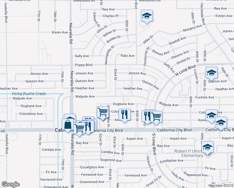 map of restaurants, bars, coffee shops, grocery stores, and more near 8301 Walpole Avenue in California City