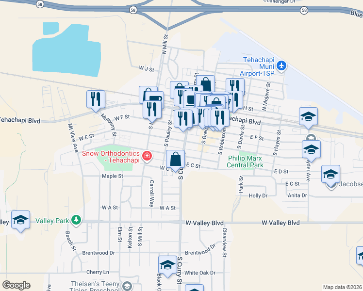 map of restaurants, bars, coffee shops, grocery stores, and more near in Tehachapi