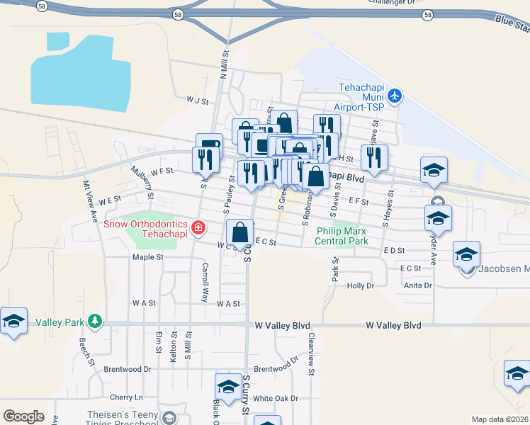 map of restaurants, bars, coffee shops, grocery stores, and more near 122 West E Street in Tehachapi