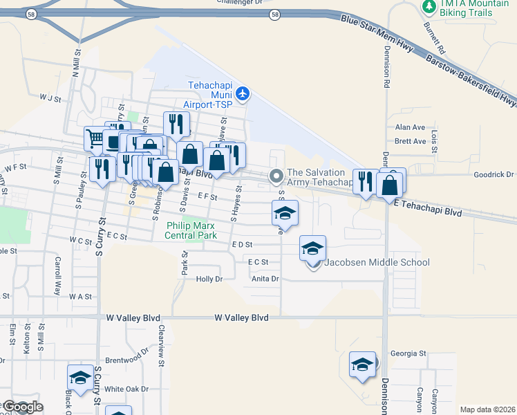 map of restaurants, bars, coffee shops, grocery stores, and more near 514 East F Street in Tehachapi
