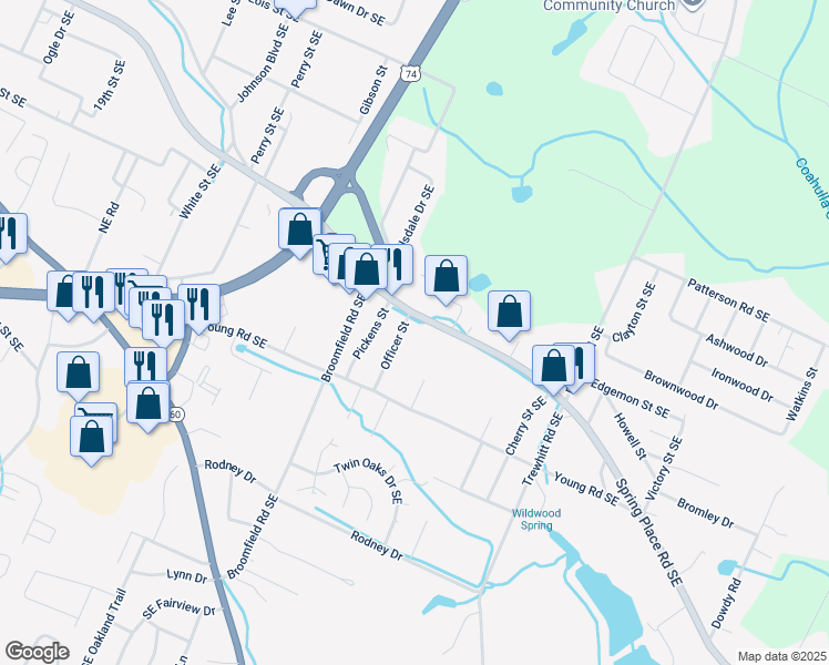 map of restaurants, bars, coffee shops, grocery stores, and more near 2110 Spring Place Road Southeast in Cleveland