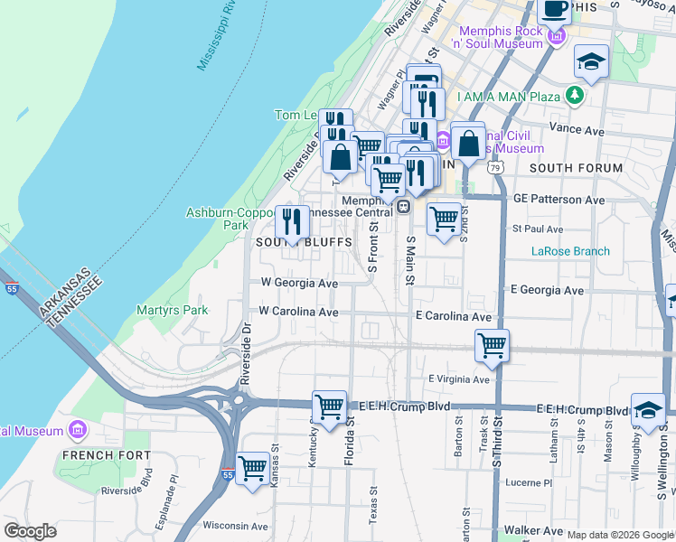 map of restaurants, bars, coffee shops, grocery stores, and more near 620 Tennessee Street in Memphis