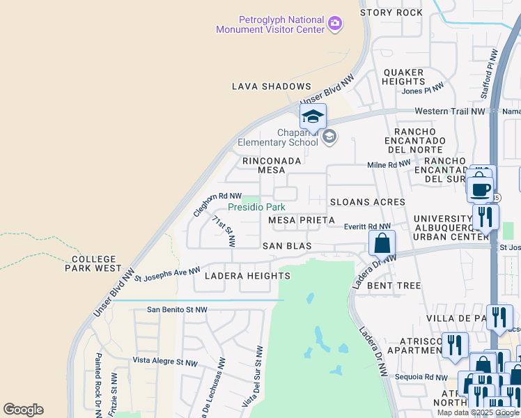 map of restaurants, bars, coffee shops, grocery stores, and more near 67th Street Northwest in Albuquerque