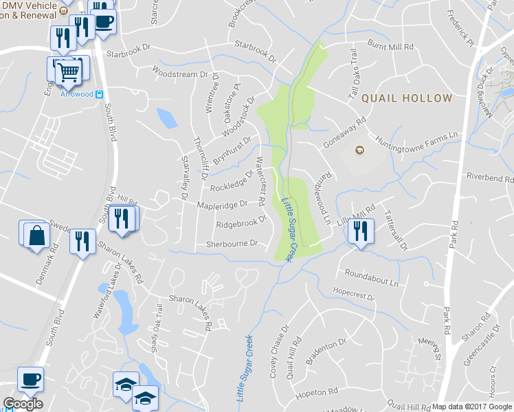 map of restaurants, bars, coffee shops, grocery stores, and more near 7500 Watercrest Road in Charlotte
