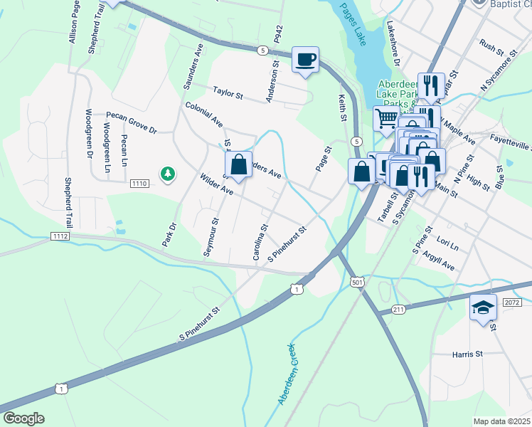 map of restaurants, bars, coffee shops, grocery stores, and more near 600 Carolina Street in Aberdeen