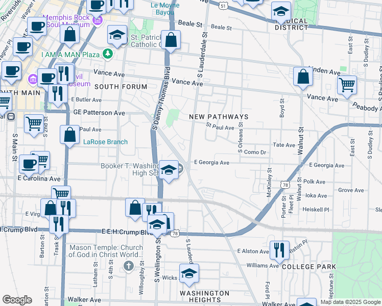 map of restaurants, bars, coffee shops, grocery stores, and more near 620 South Lauderdale Street in Memphis