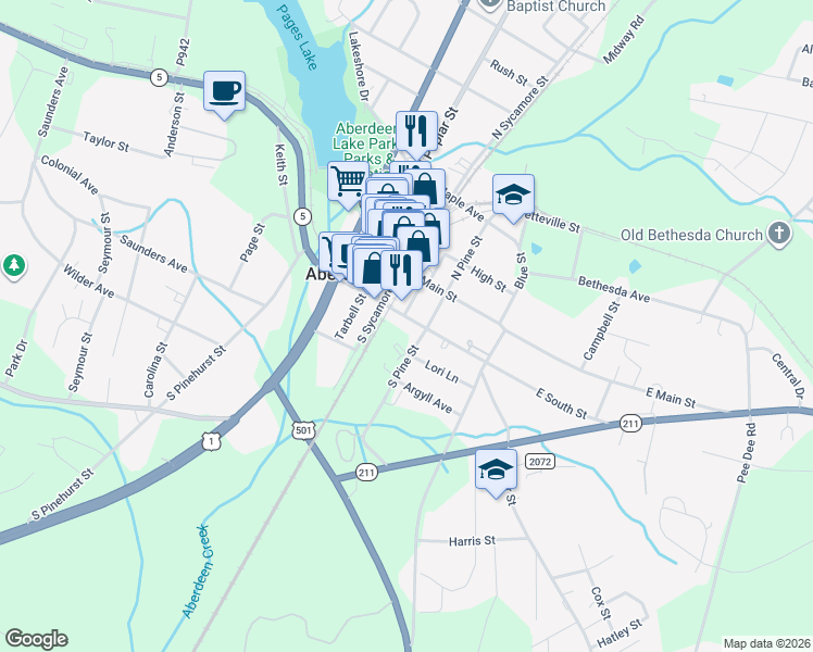 map of restaurants, bars, coffee shops, grocery stores, and more near 204 East South Street in Aberdeen