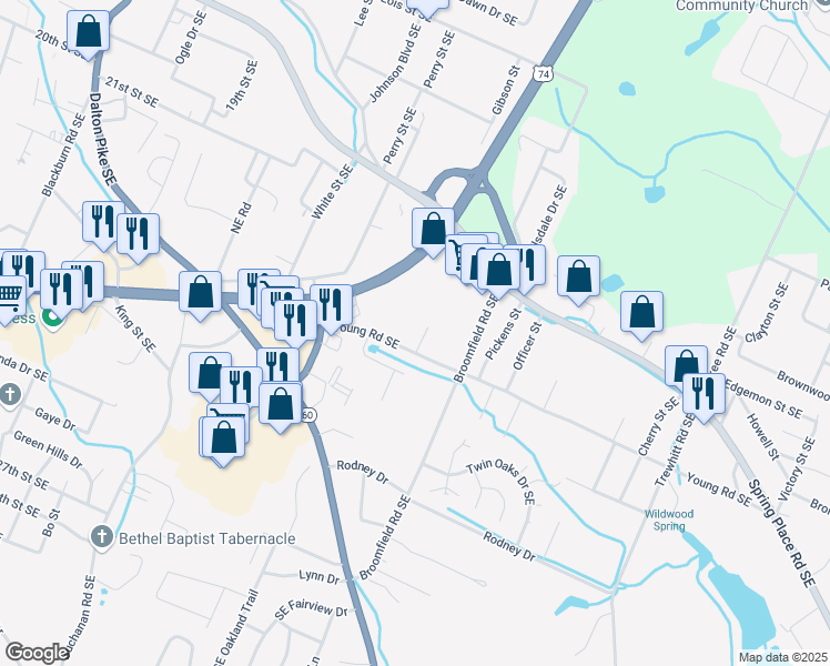 map of restaurants, bars, coffee shops, grocery stores, and more near 1819 Young Road Southeast in Cleveland
