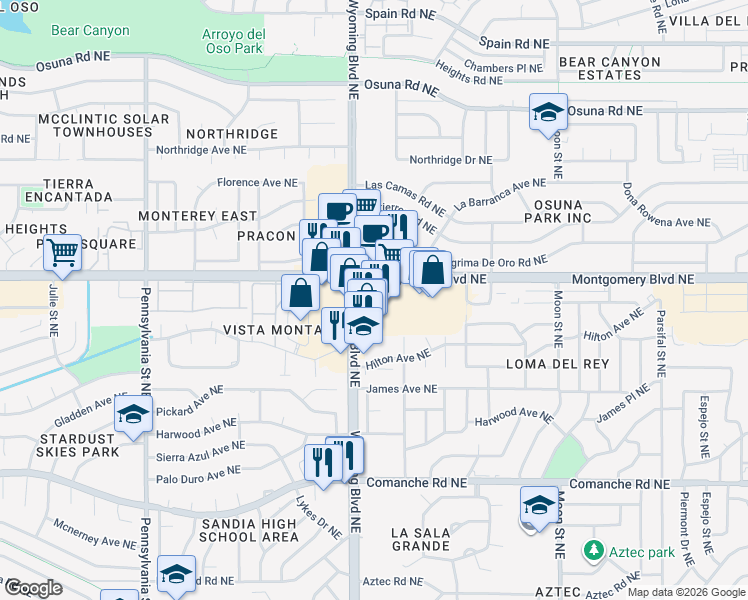 map of restaurants, bars, coffee shops, grocery stores, and more near 8400 Montgomery Boulevard Northeast in Albuquerque
