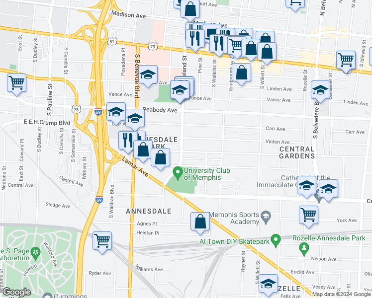 map of restaurants, bars, coffee shops, grocery stores, and more near 1354 Harbert Avenue in Memphis