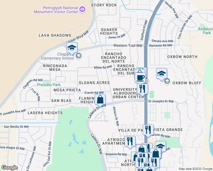 map of restaurants, bars, coffee shops, grocery stores, and more near 4109 Atrisco Drive Northwest in Albuquerque