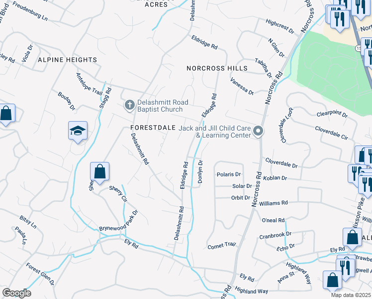map of restaurants, bars, coffee shops, grocery stores, and more near 4703 Eldridge Road in Chattanooga
