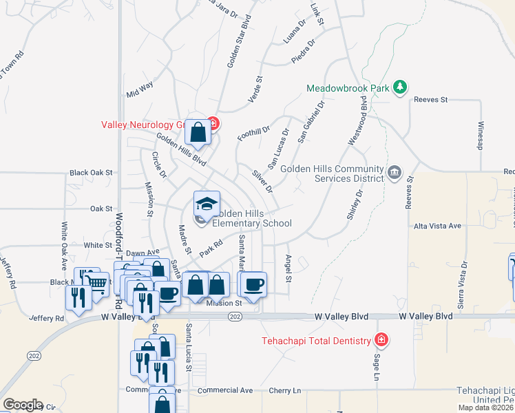 map of restaurants, bars, coffee shops, grocery stores, and more near 21350 Golden Hills Boulevard in Tehachapi