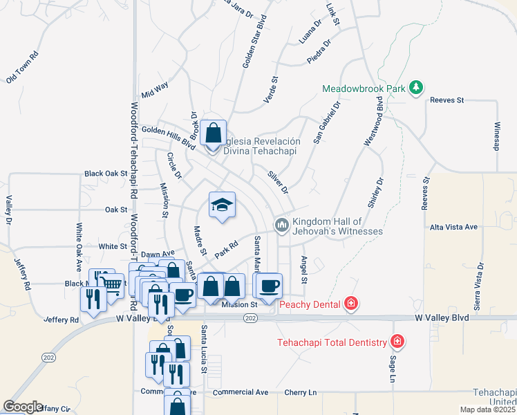 map of restaurants, bars, coffee shops, grocery stores, and more near 21350 Golden Hills Boulevard in Tehachapi