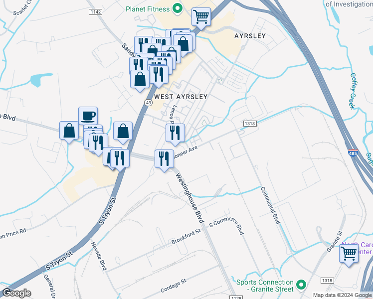 map of restaurants, bars, coffee shops, grocery stores, and more near 9330 Lenox Pointe Drive in Charlotte