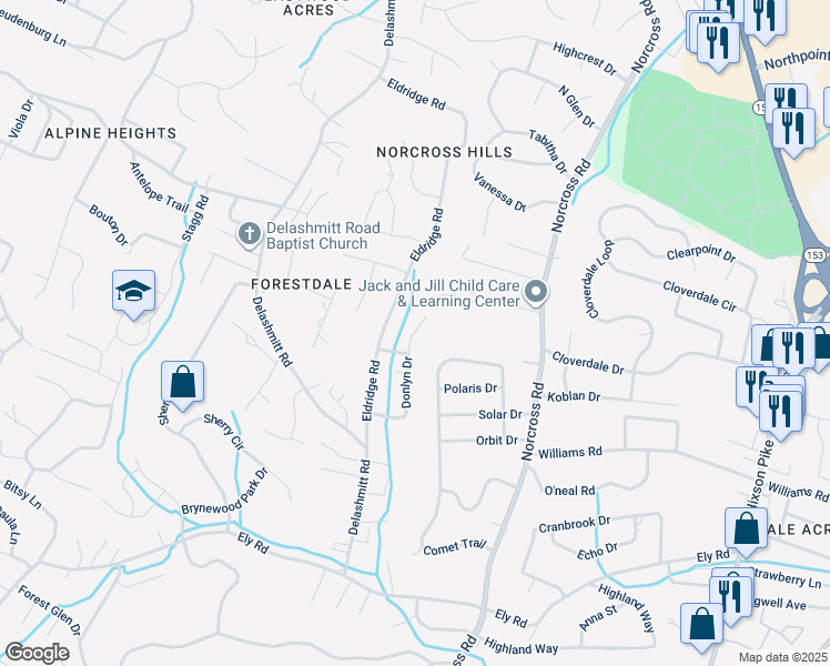 map of restaurants, bars, coffee shops, grocery stores, and more near 4706 Eldridge Road in Chattanooga