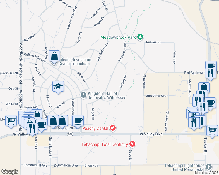 map of restaurants, bars, coffee shops, grocery stores, and more near 21400 Westwood Boulevard in Tehachapi