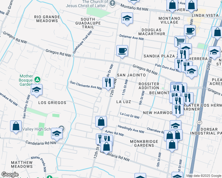 map of restaurants, bars, coffee shops, grocery stores, and more near 4415 12th Street Northwest in Albuquerque