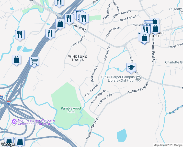 map of restaurants, bars, coffee shops, grocery stores, and more near 601 Sandyway Lane in Charlotte