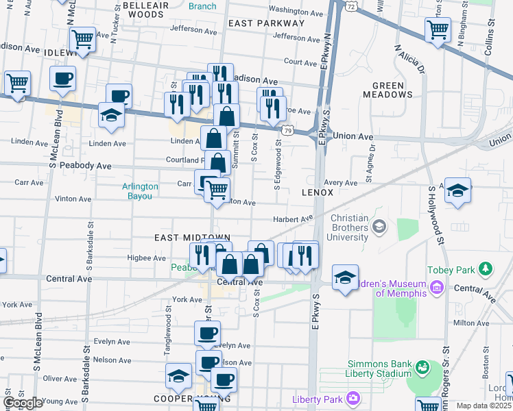 map of restaurants, bars, coffee shops, grocery stores, and more near 584 South Cox Street in Memphis