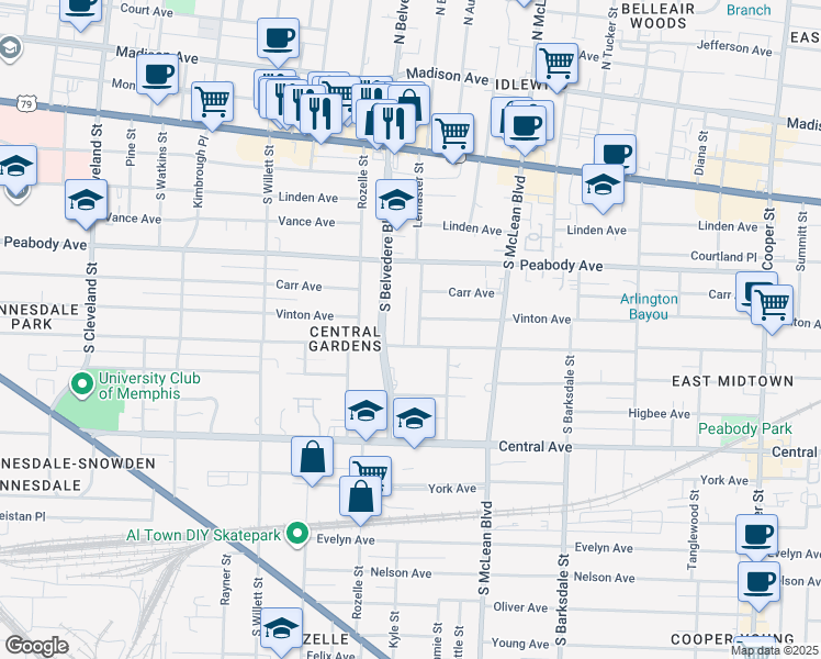 map of restaurants, bars, coffee shops, grocery stores, and more near 593 Lemaster Street in Memphis