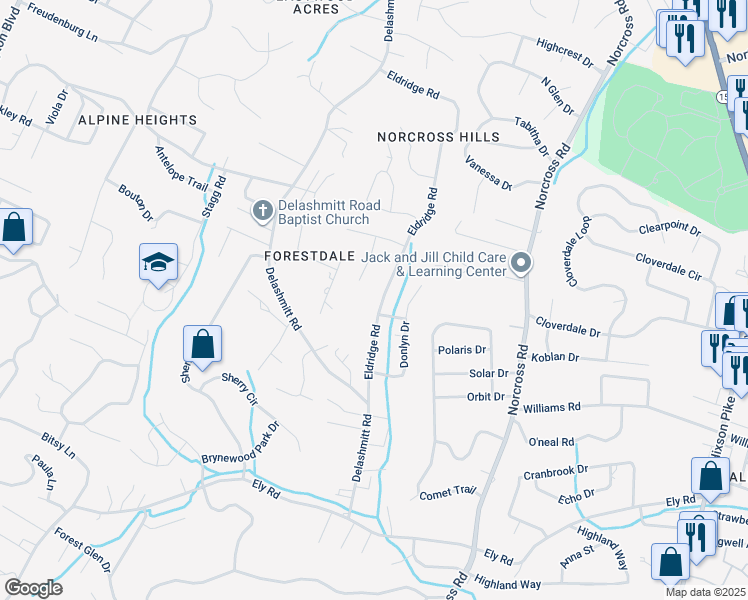 map of restaurants, bars, coffee shops, grocery stores, and more near 4703 Eldridge Road in Chattanooga