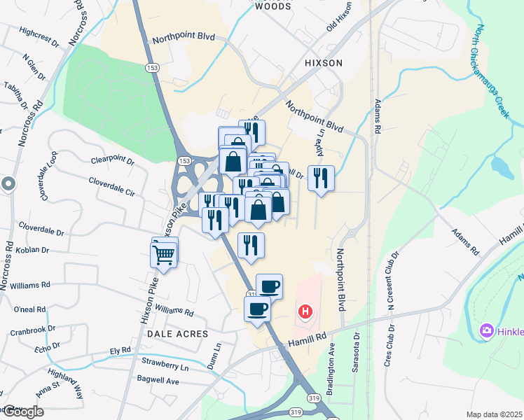 map of restaurants, bars, coffee shops, grocery stores, and more near 356 Northgate Mall Drive in Chattanooga