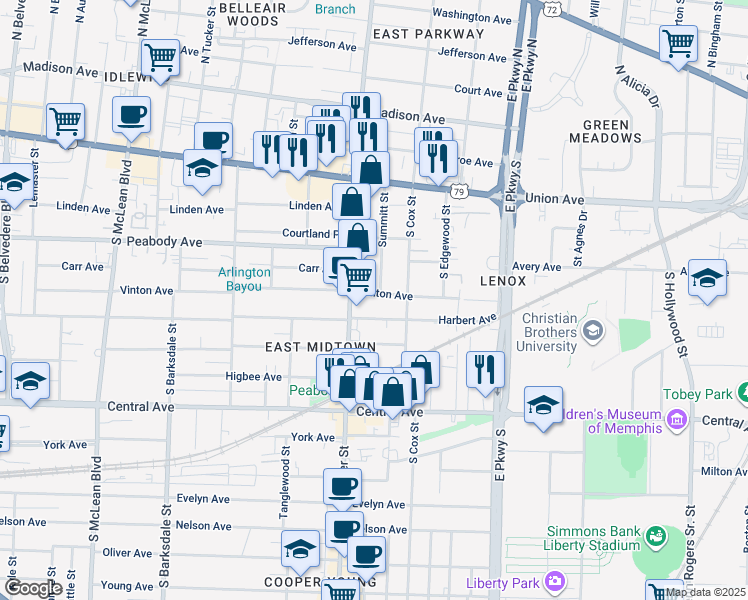 map of restaurants, bars, coffee shops, grocery stores, and more near 2169 Vinton Ave in Memphis