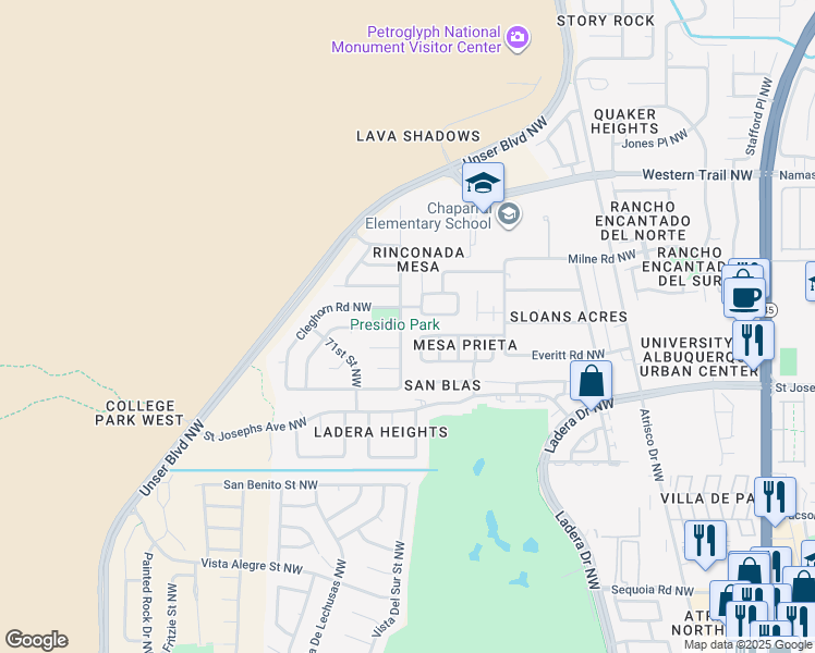 map of restaurants, bars, coffee shops, grocery stores, and more near 4140 67th Street Northwest in Albuquerque
