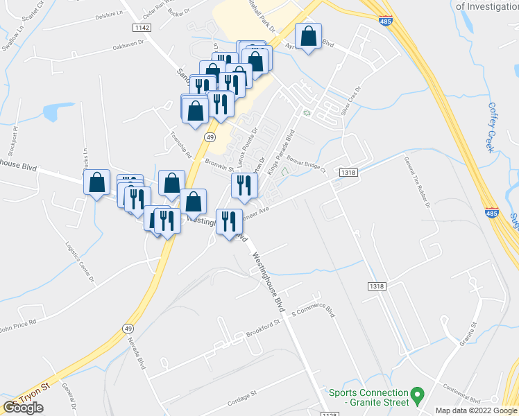 map of restaurants, bars, coffee shops, grocery stores, and more near 9330 Lenox Pointe Drive in Charlotte