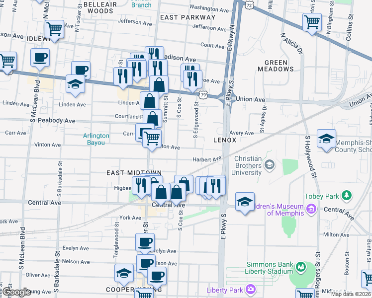 map of restaurants, bars, coffee shops, grocery stores, and more near 584 South Cox Street in Memphis