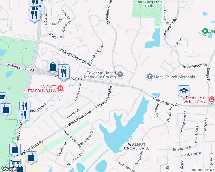 map of restaurants, bars, coffee shops, grocery stores, and more near 8311 Walnut Grove Road in Memphis