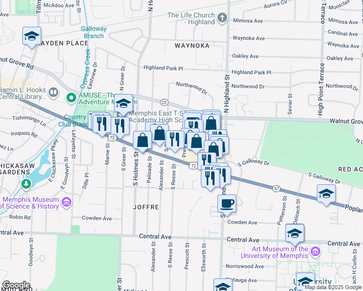 map of restaurants, bars, coffee shops, grocery stores, and more near 67 Prescott Street in Memphis