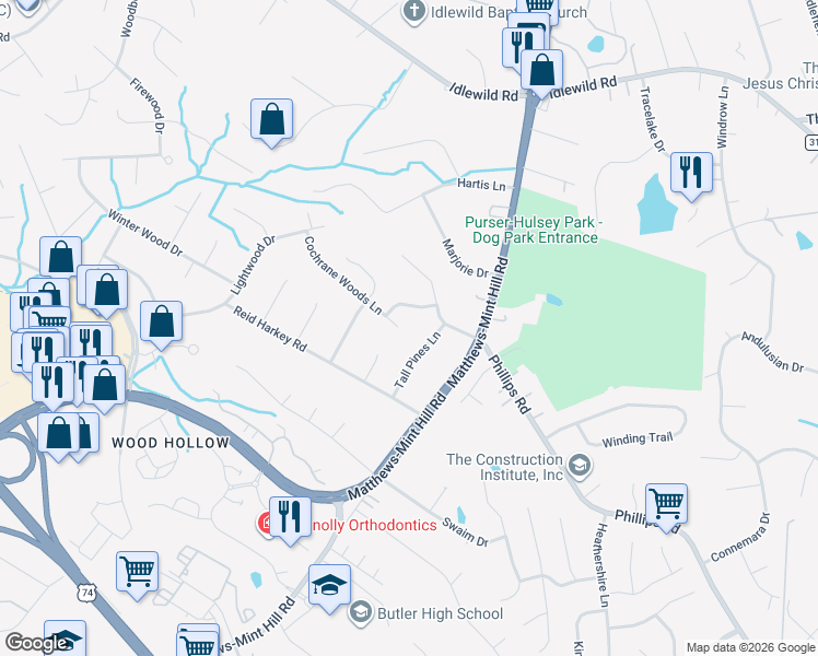 map of restaurants, bars, coffee shops, grocery stores, and more near 1431 Cochrane Woods Lane in Matthews