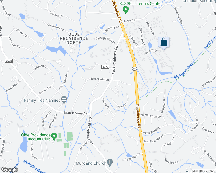 map of restaurants, bars, coffee shops, grocery stores, and more near Old Providence Rd & Vendue Pl in Charlotte