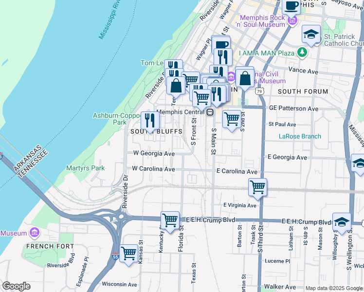 map of restaurants, bars, coffee shops, grocery stores, and more near 627 South Front Street in Memphis