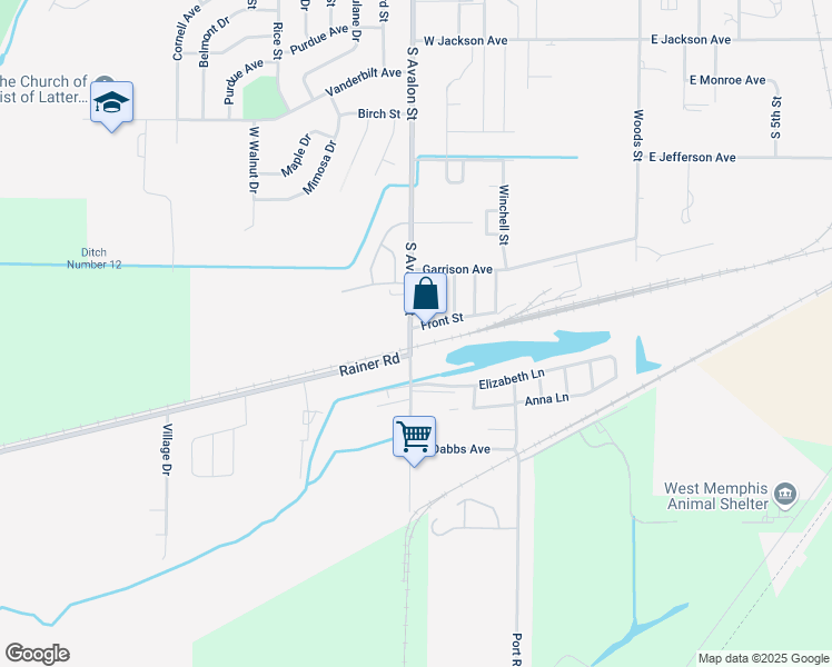map of restaurants, bars, coffee shops, grocery stores, and more near 1320 South Avalon Street in West Memphis