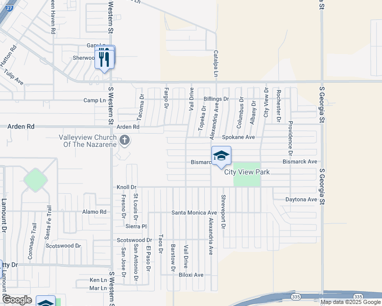map of restaurants, bars, coffee shops, grocery stores, and more near 3605 Portland Avenue in Amarillo
