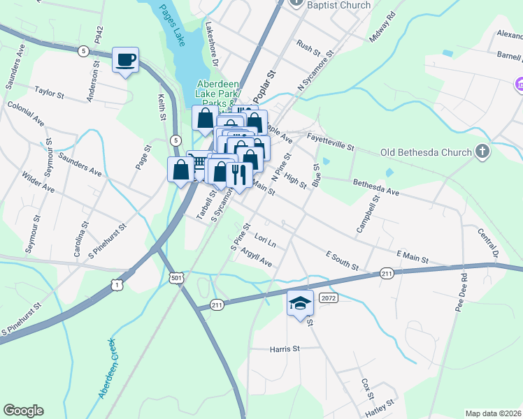 map of restaurants, bars, coffee shops, grocery stores, and more near 204 E South St in Aberdeen