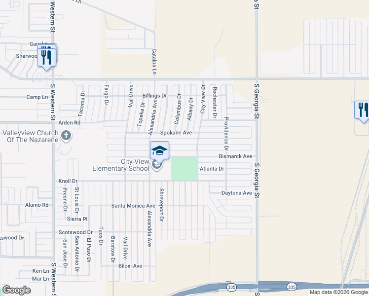 map of restaurants, bars, coffee shops, grocery stores, and more near 3201 Portland Avenue in Amarillo