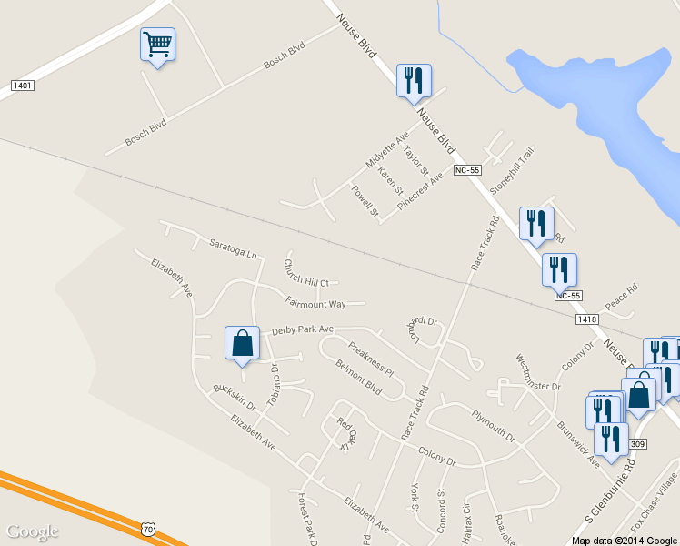 map of restaurants, bars, coffee shops, grocery stores, and more near 308 Church Hill Ct in New Bern