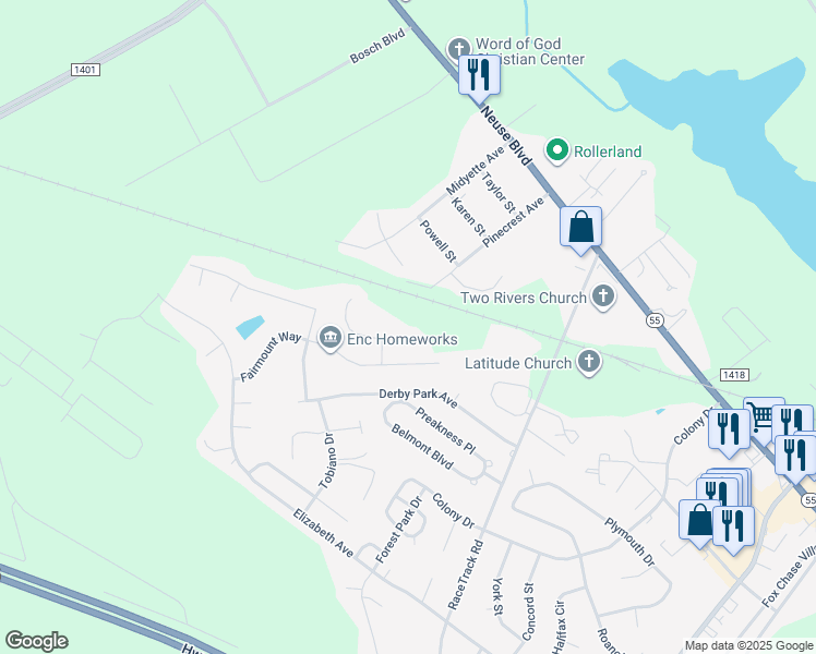 map of restaurants, bars, coffee shops, grocery stores, and more near 308 Church Hill Court in New Bern