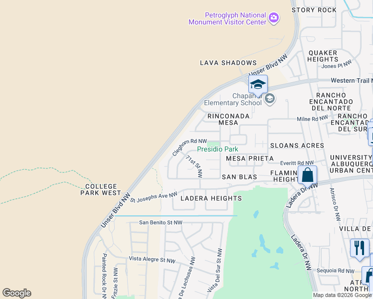 map of restaurants, bars, coffee shops, grocery stores, and more near 7013 Armand Road Northwest in Albuquerque