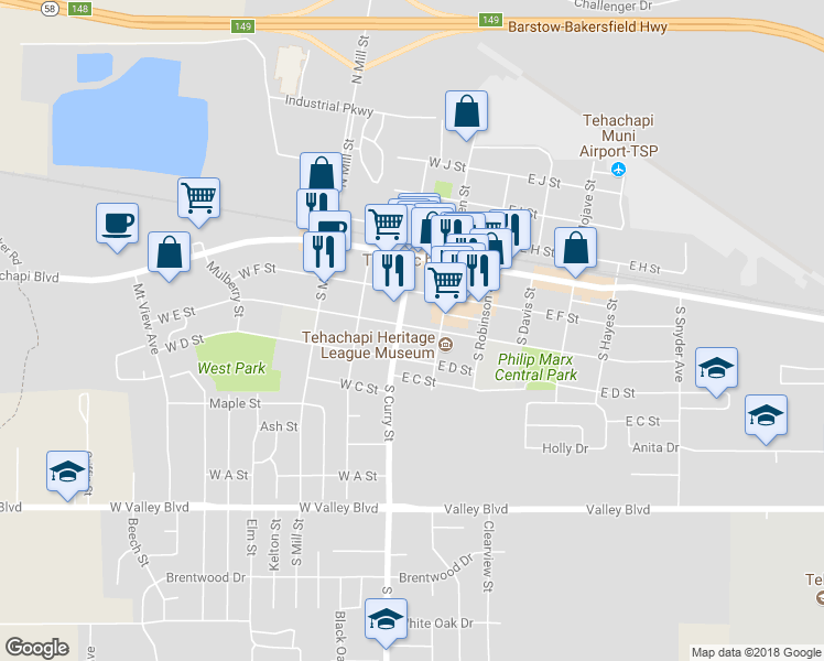 map of restaurants, bars, coffee shops, grocery stores, and more near 122 West E Street in Tehachapi